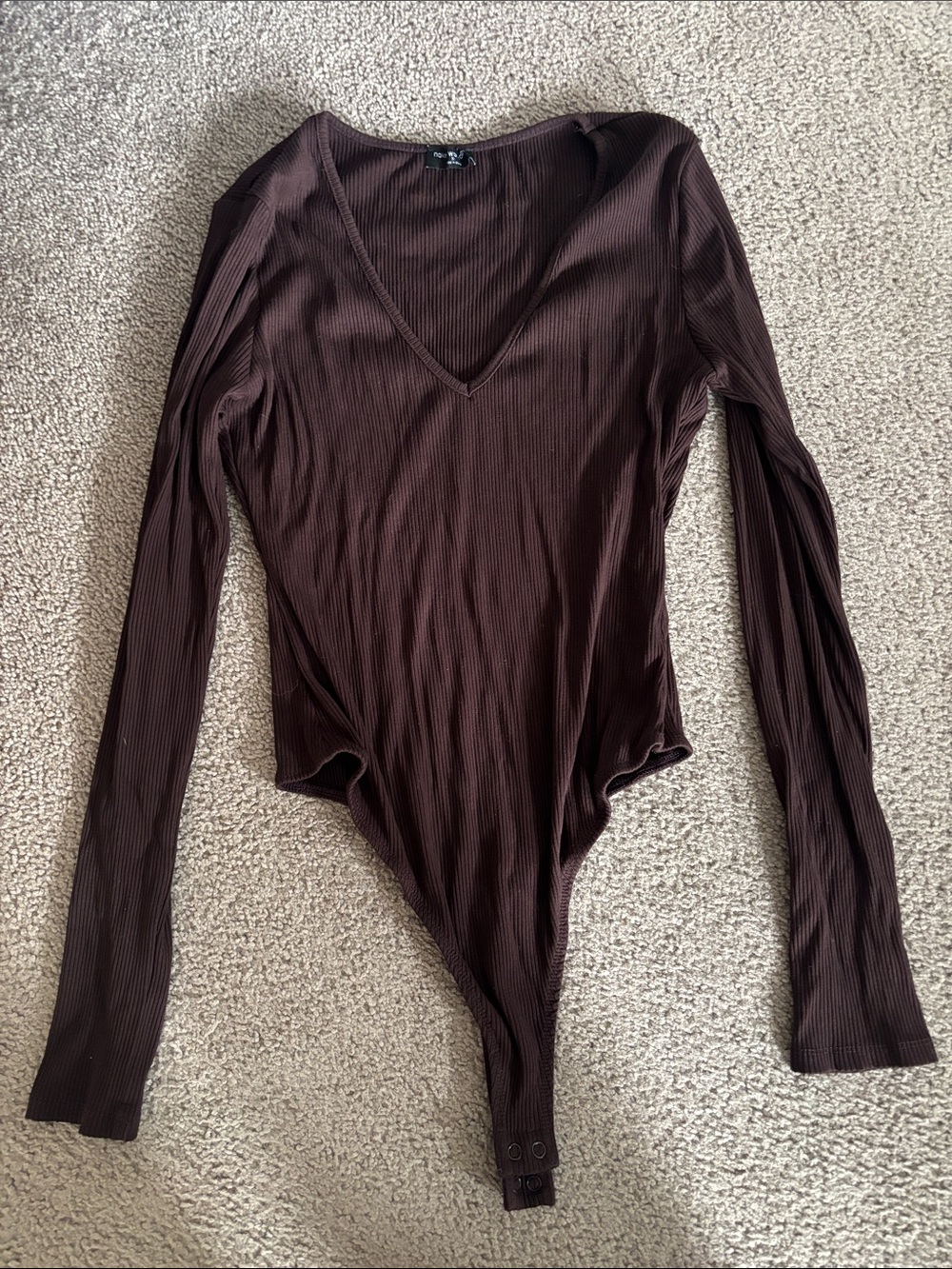 naked wardrobe Brown Ribbed Long Sleeve V-Neck Bodysuit